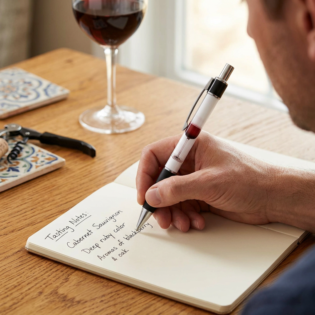 Someone writing in a notebook with the red wine glass pen
