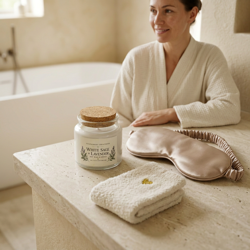 Spa lifestyle photo with a woman and the self-care gift set