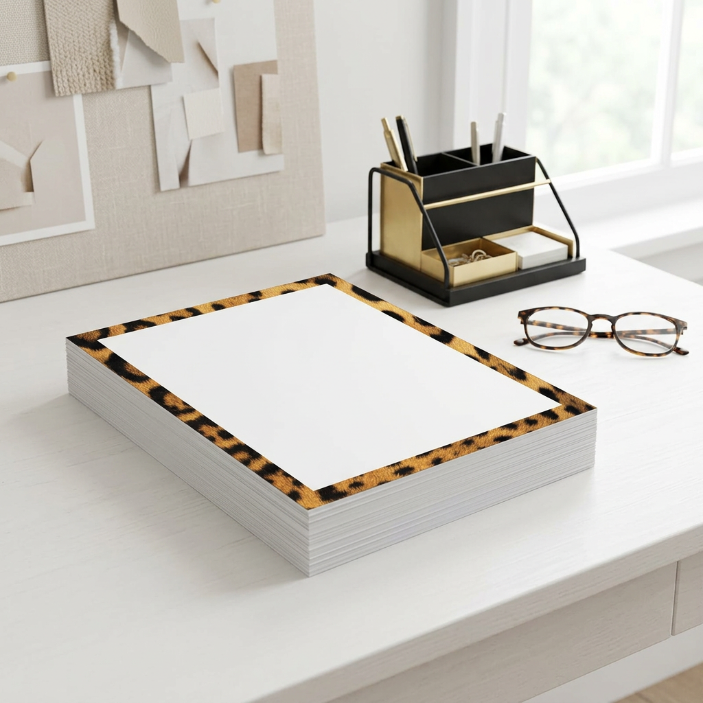 Stack of leopard-border paper on a styled desk