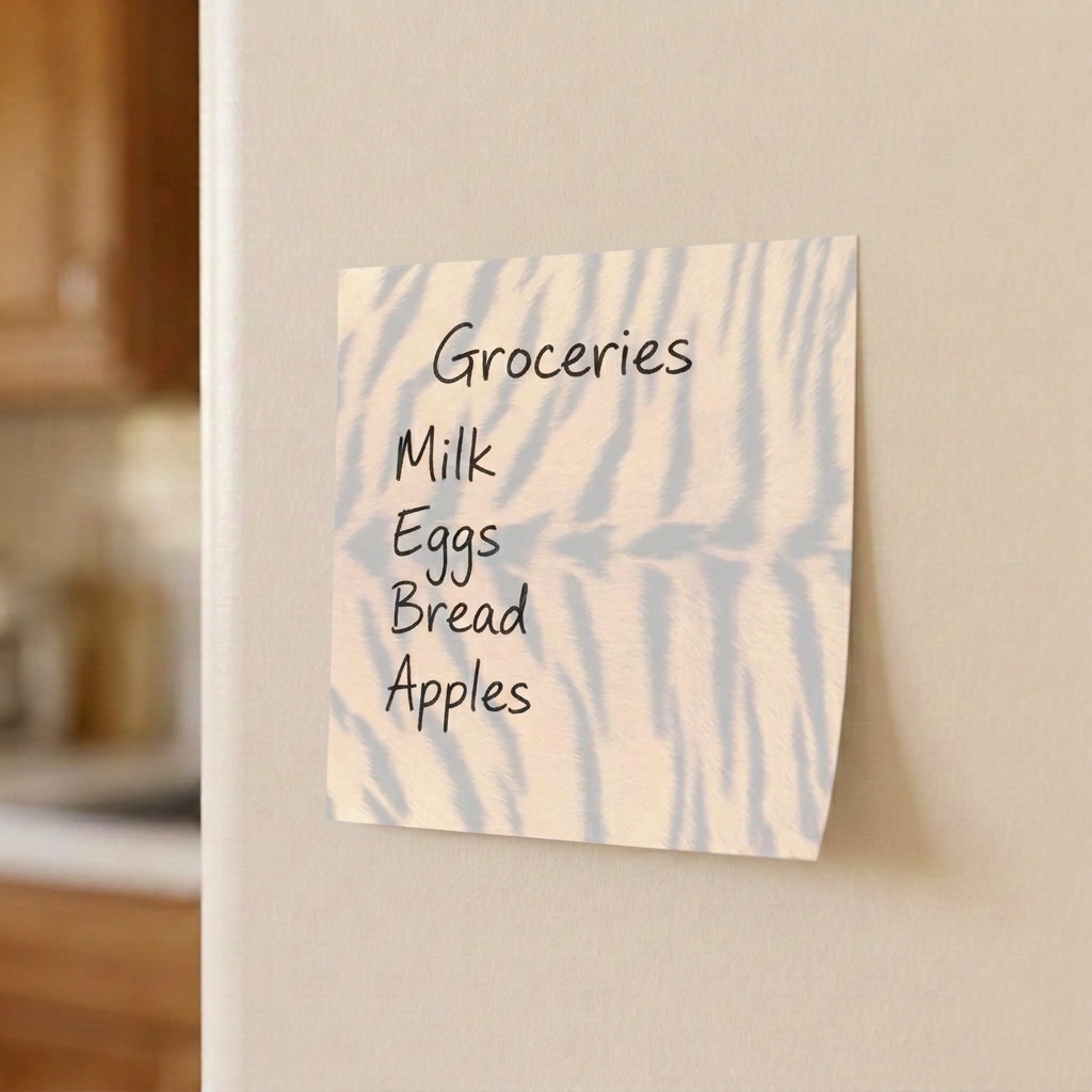 Tiger print grocery list on a refrigerator