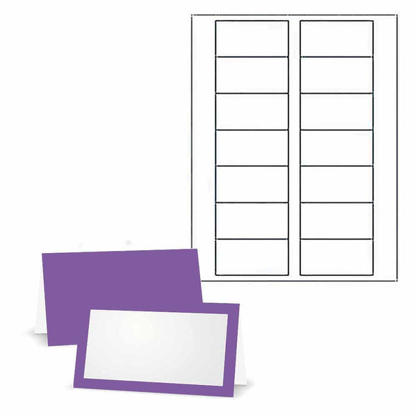 Amethyst place cards with white printer labels.