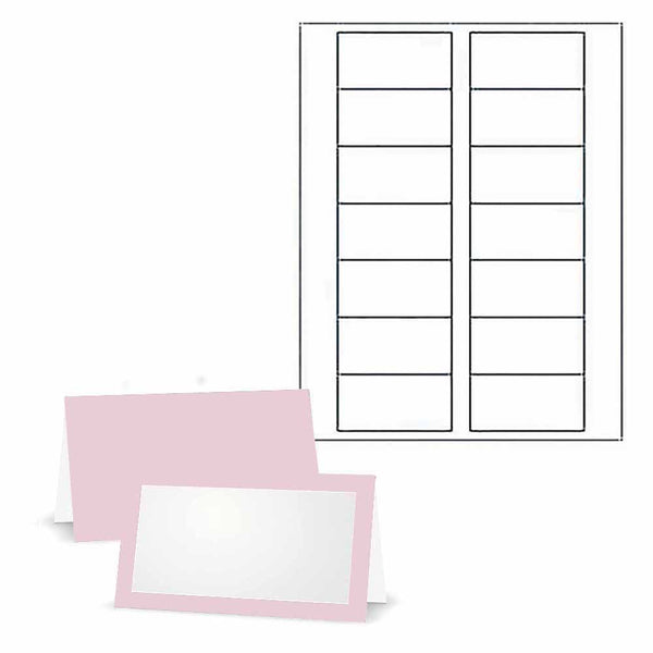 Baby pink place cards with white printer labels.