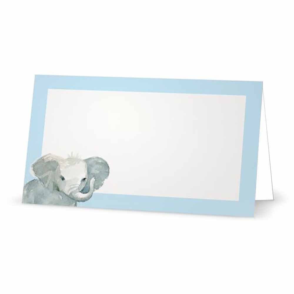 Pastel blue baby elephant place cards in tent style.