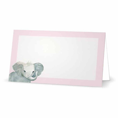 Pastel pink baby elephant place cards in tent style.