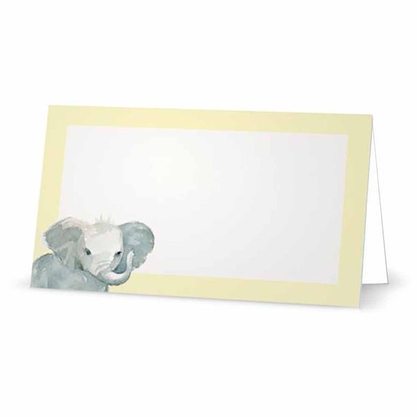Pastel yellow baby elephant place cards in tent style.