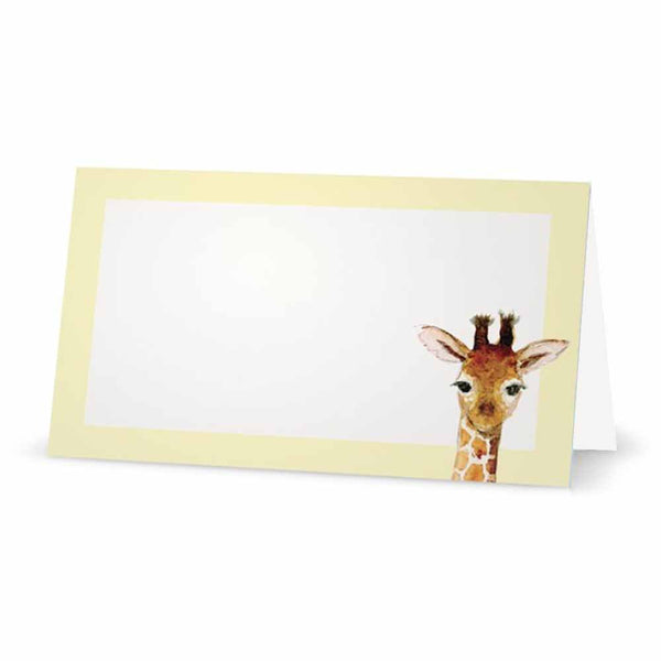 Pastel yellow baby giraffe place cards in tent style.
