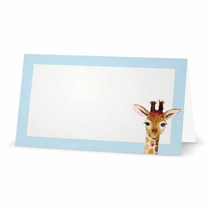 Pastel blue baby giraffe place cards in tent style.