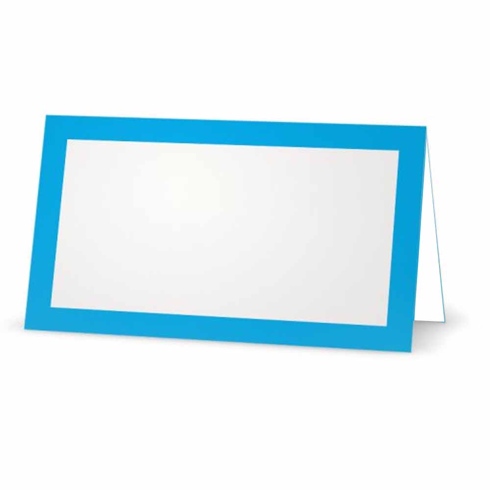 Bright blue place cards. 
